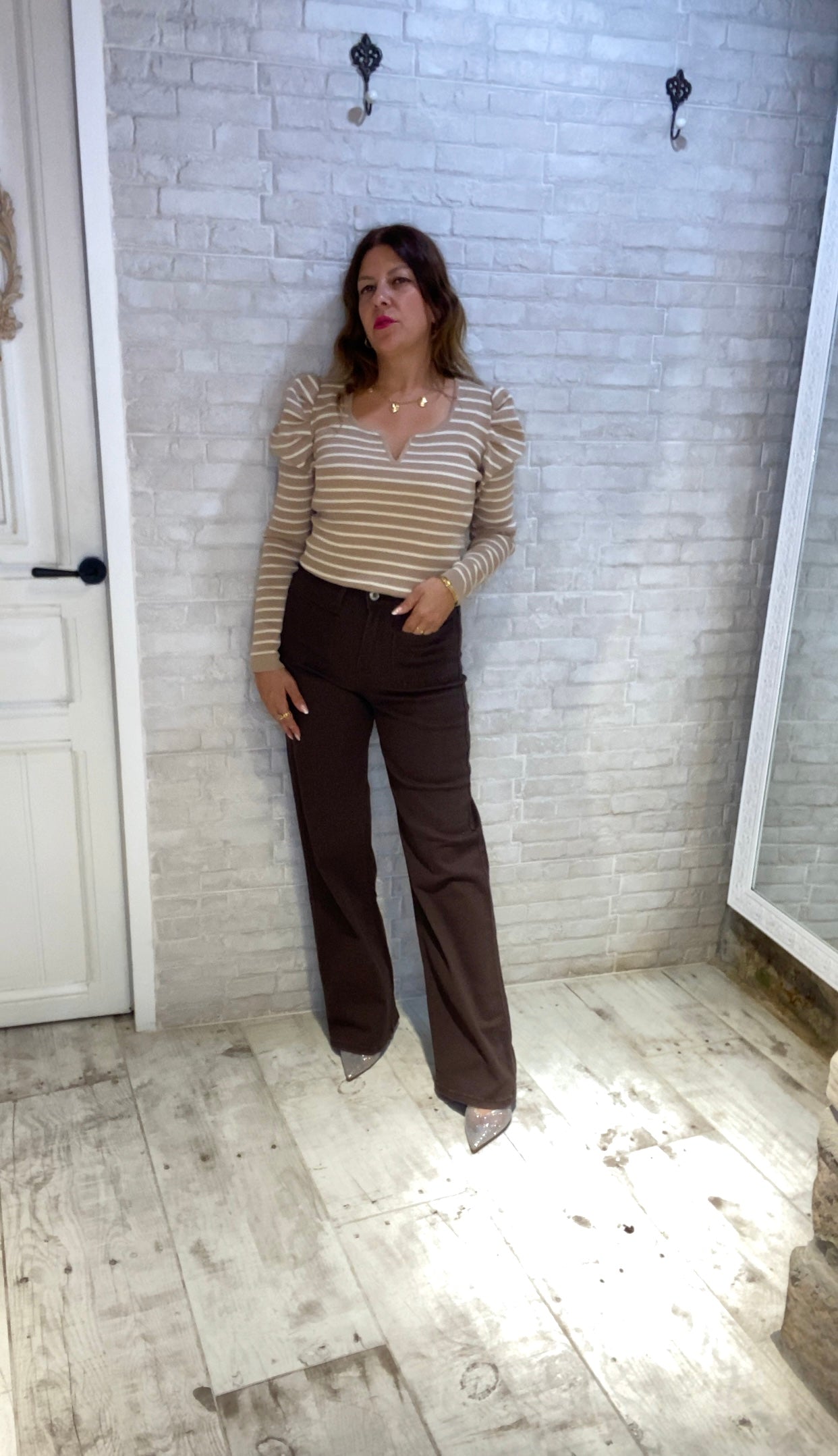 Jersey de Rayas Beige cuello pico - Veronique