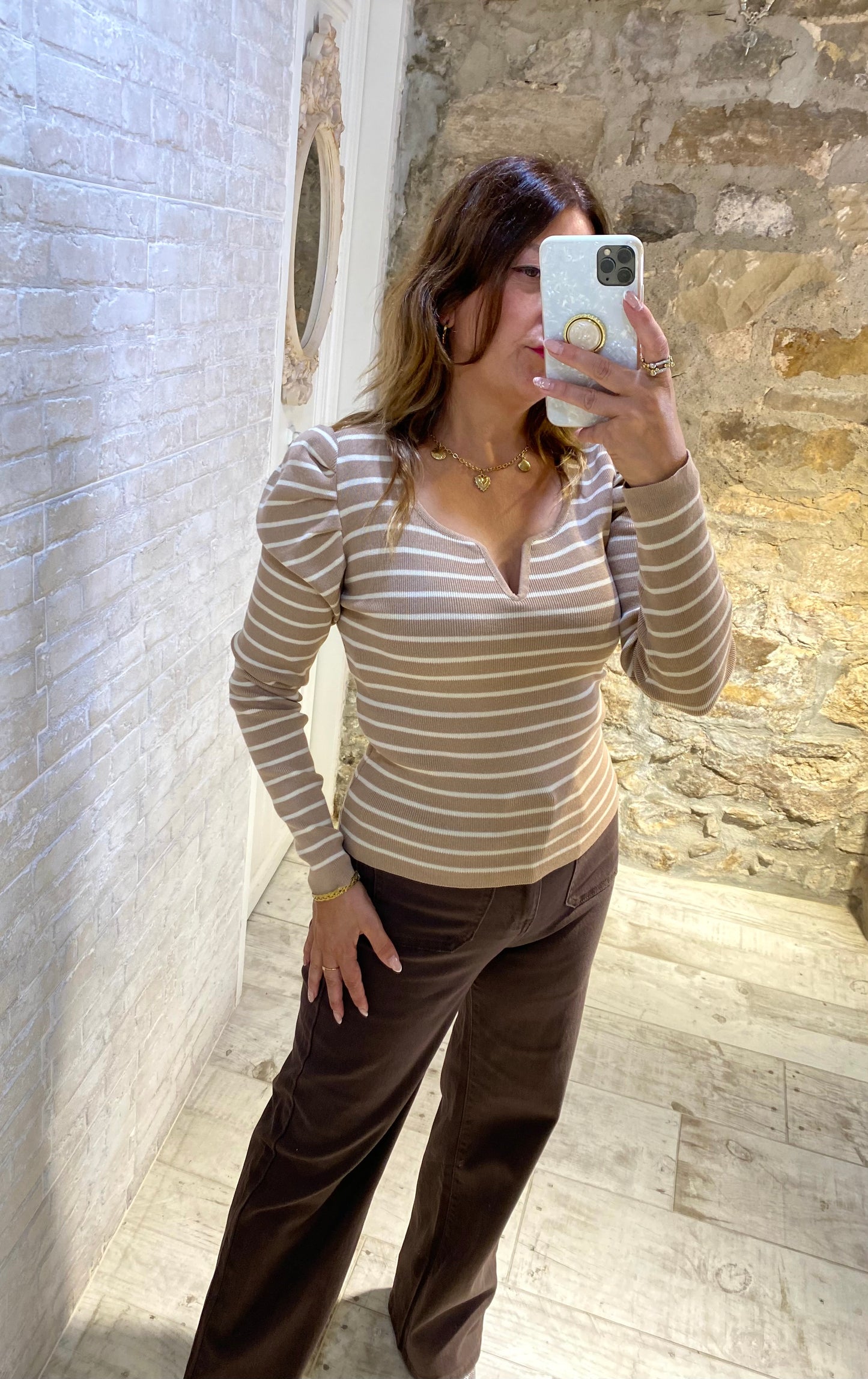 Jersey de Rayas Beige cuello pico - Veronique