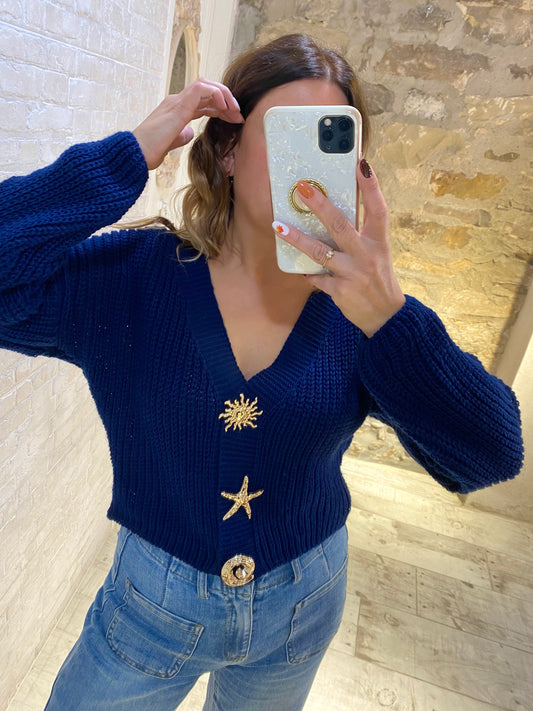 Jersey Crop de punto azul , sol, mar - Veronique