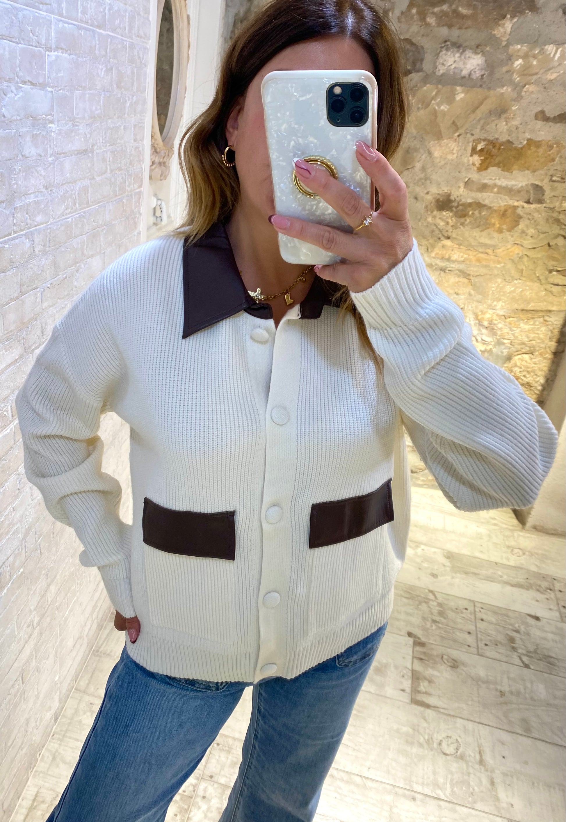 Jersey Blanco estilo chaqueta con cuello polipiel - Veronique
