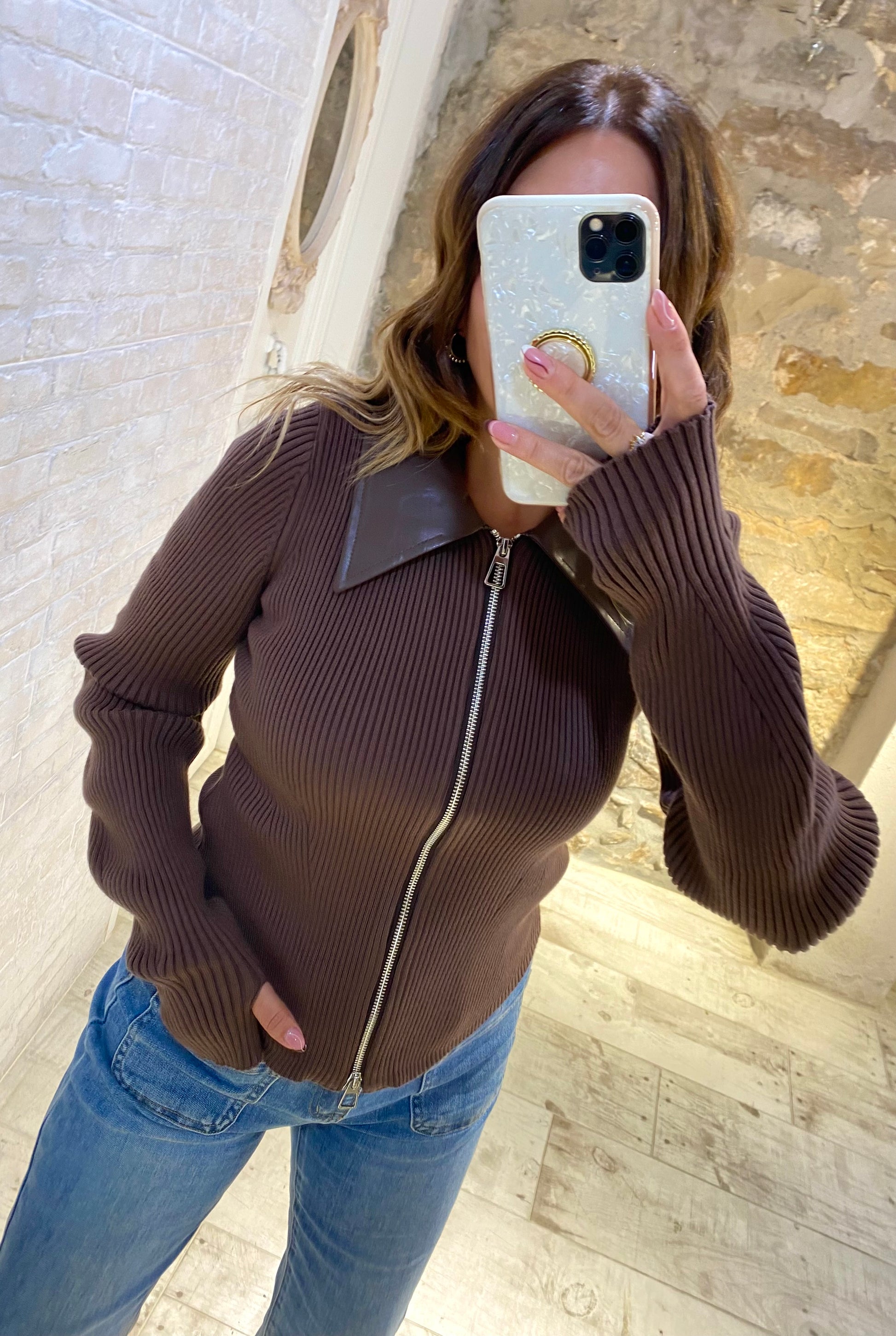 Jersey Chocolate con cremallera cuello polipiel - Veronique