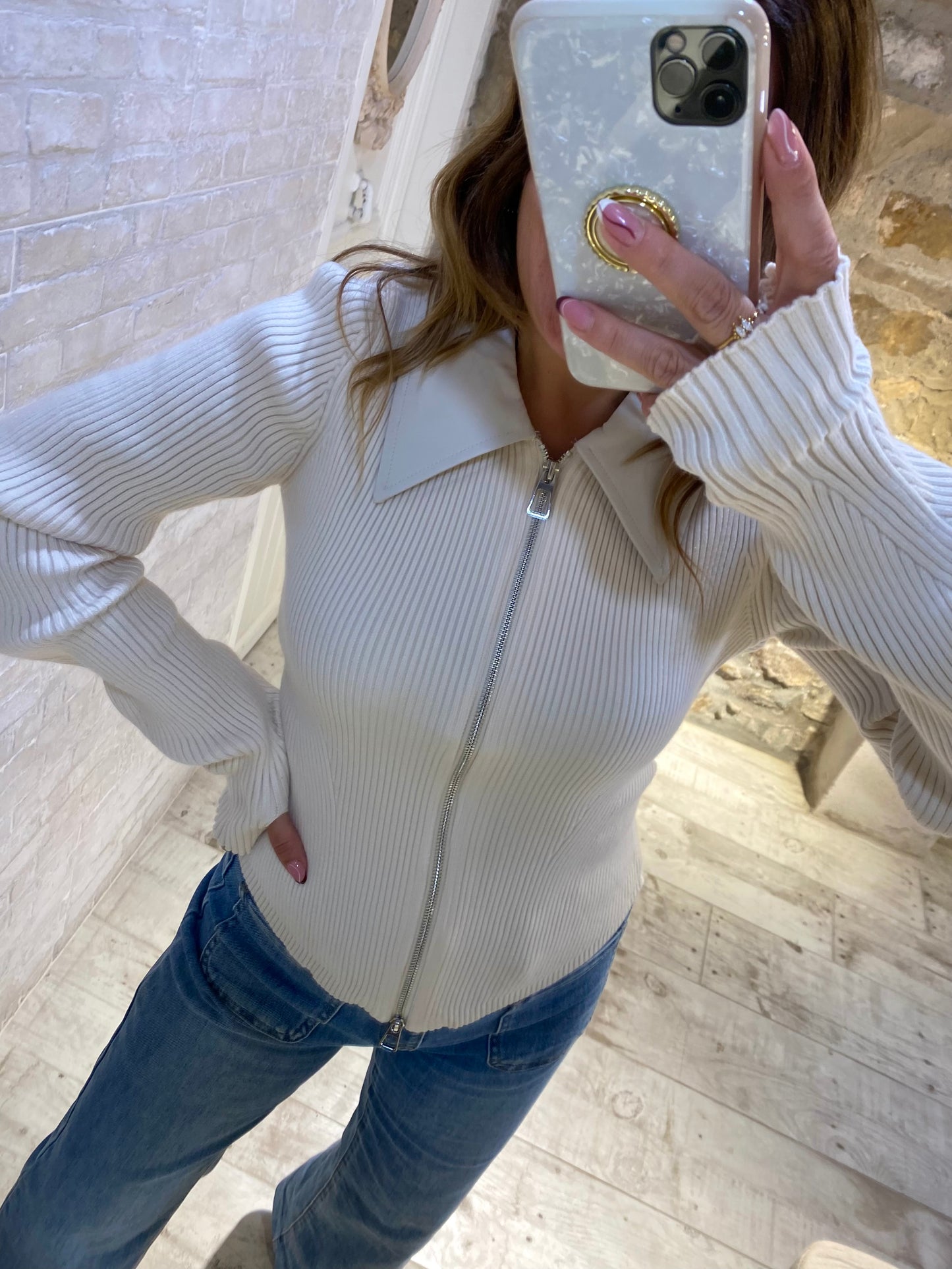 Jersey Blanco con cremallera cuello polipiel - Veronique