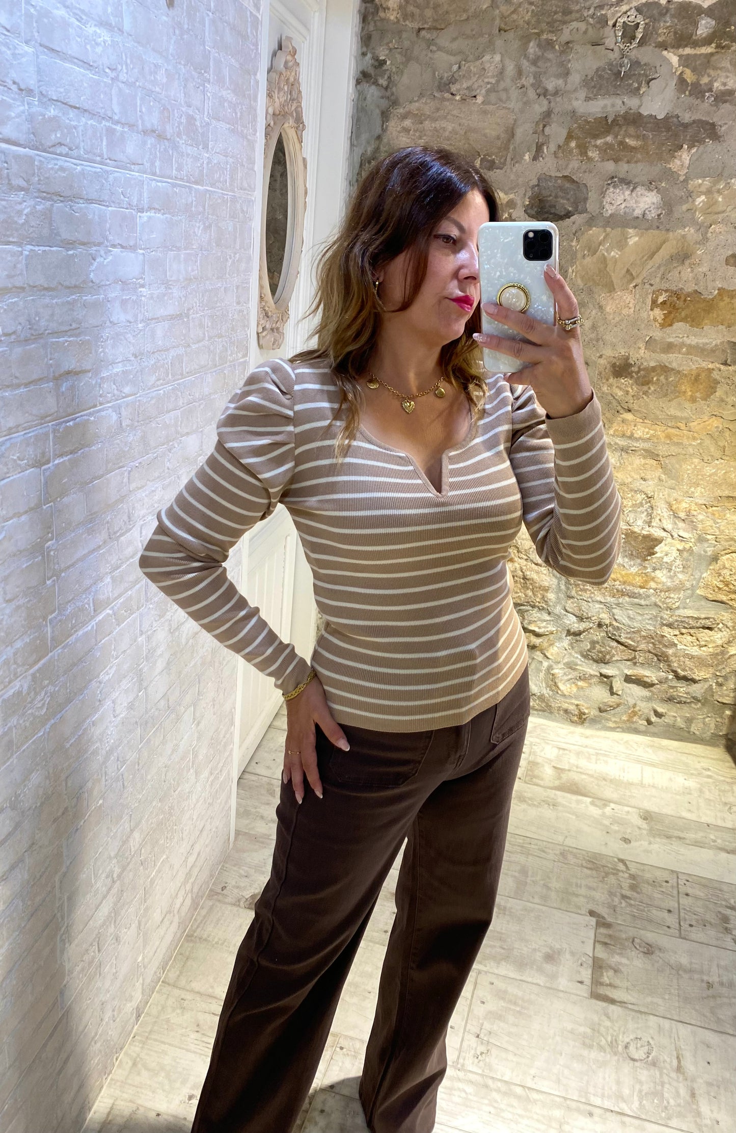 Jersey de Rayas Beige cuello pico - Veronique