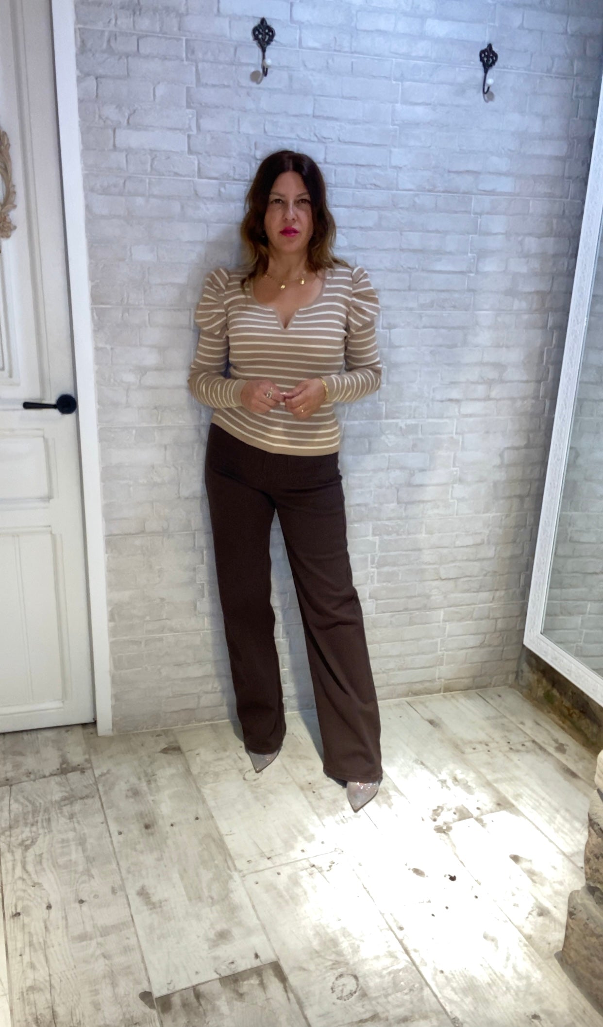 Jersey de Rayas Beige cuello pico - Veronique