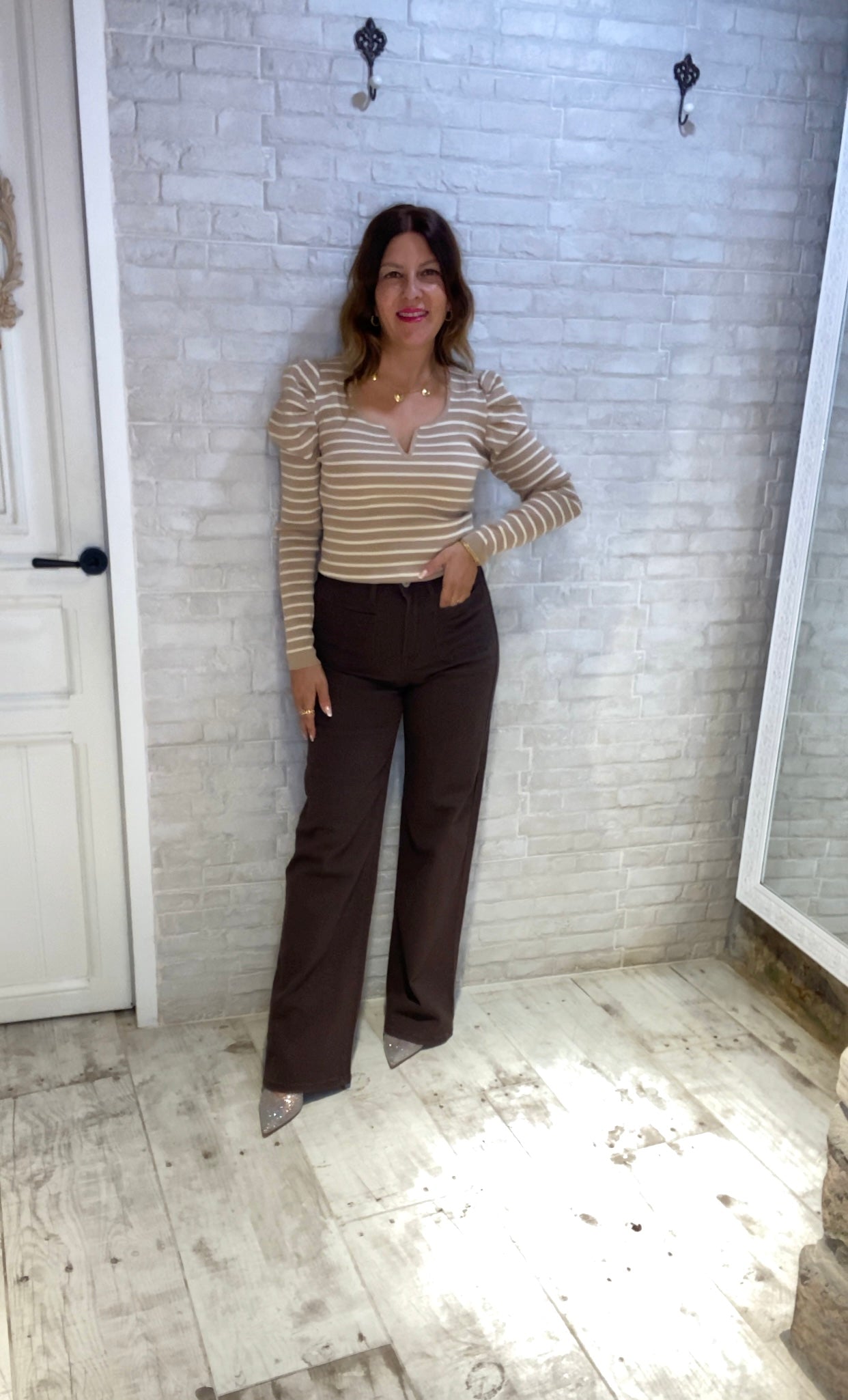 Jersey de Rayas Beige cuello pico - Veronique