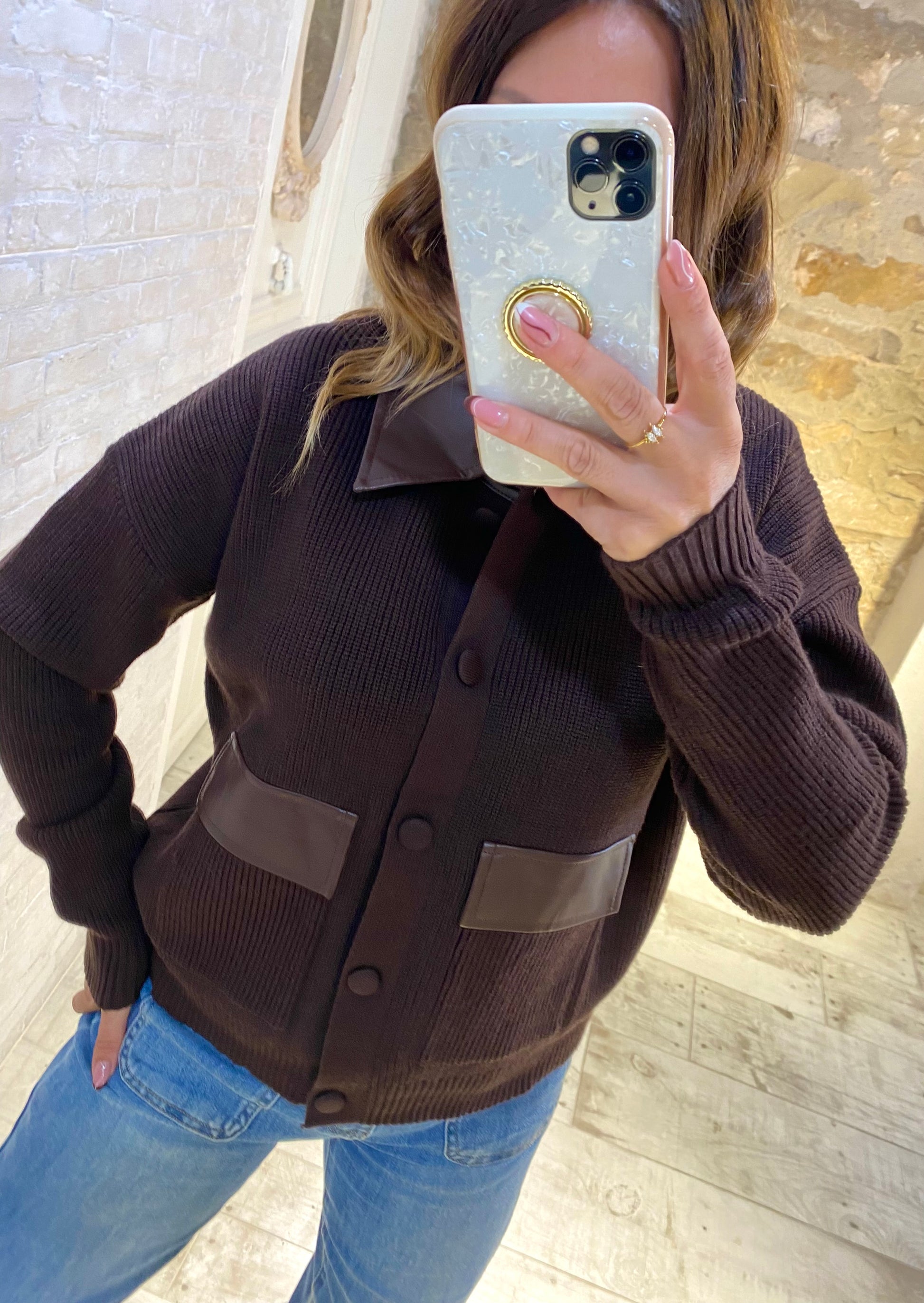 Jersey Chocolate estilo chaqueta con cuello polipiel - Veronique