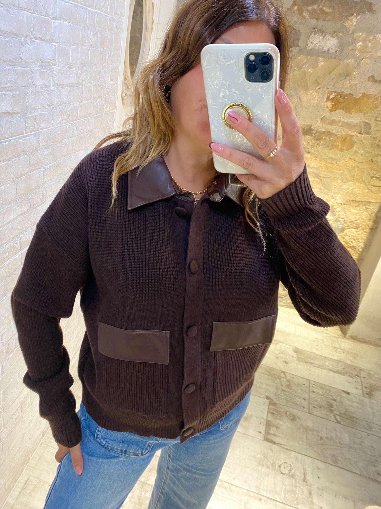 Jersey Chocolate estilo chaqueta con cuello polipiel - Veronique