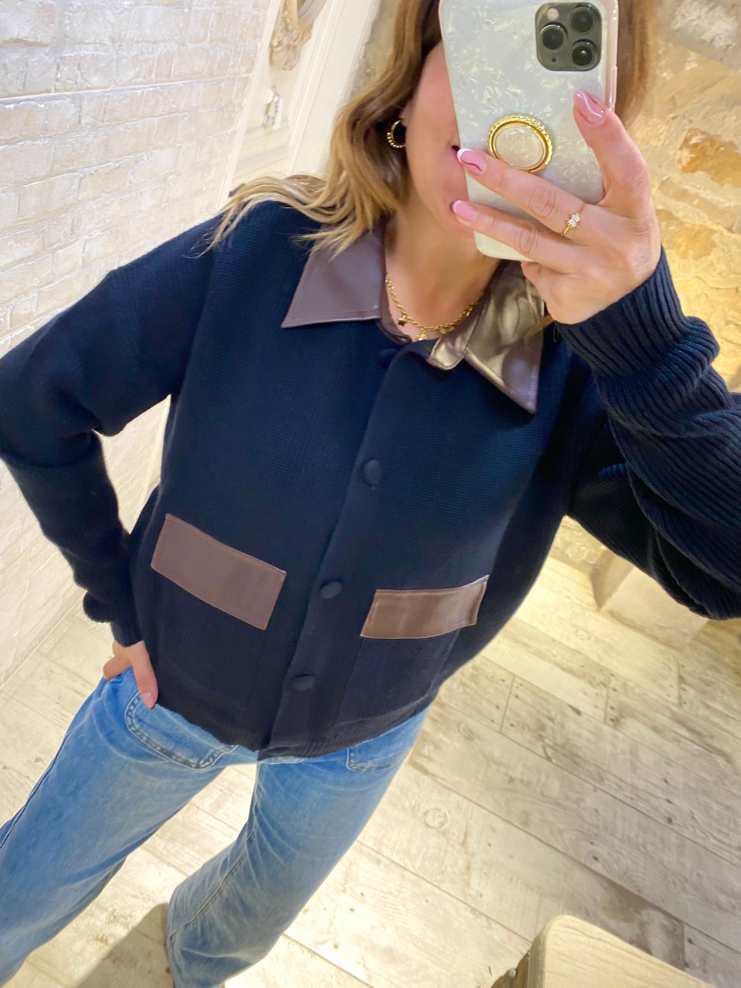 Jersey Negro estilo chaqueta con cuello polipiel - Veronique