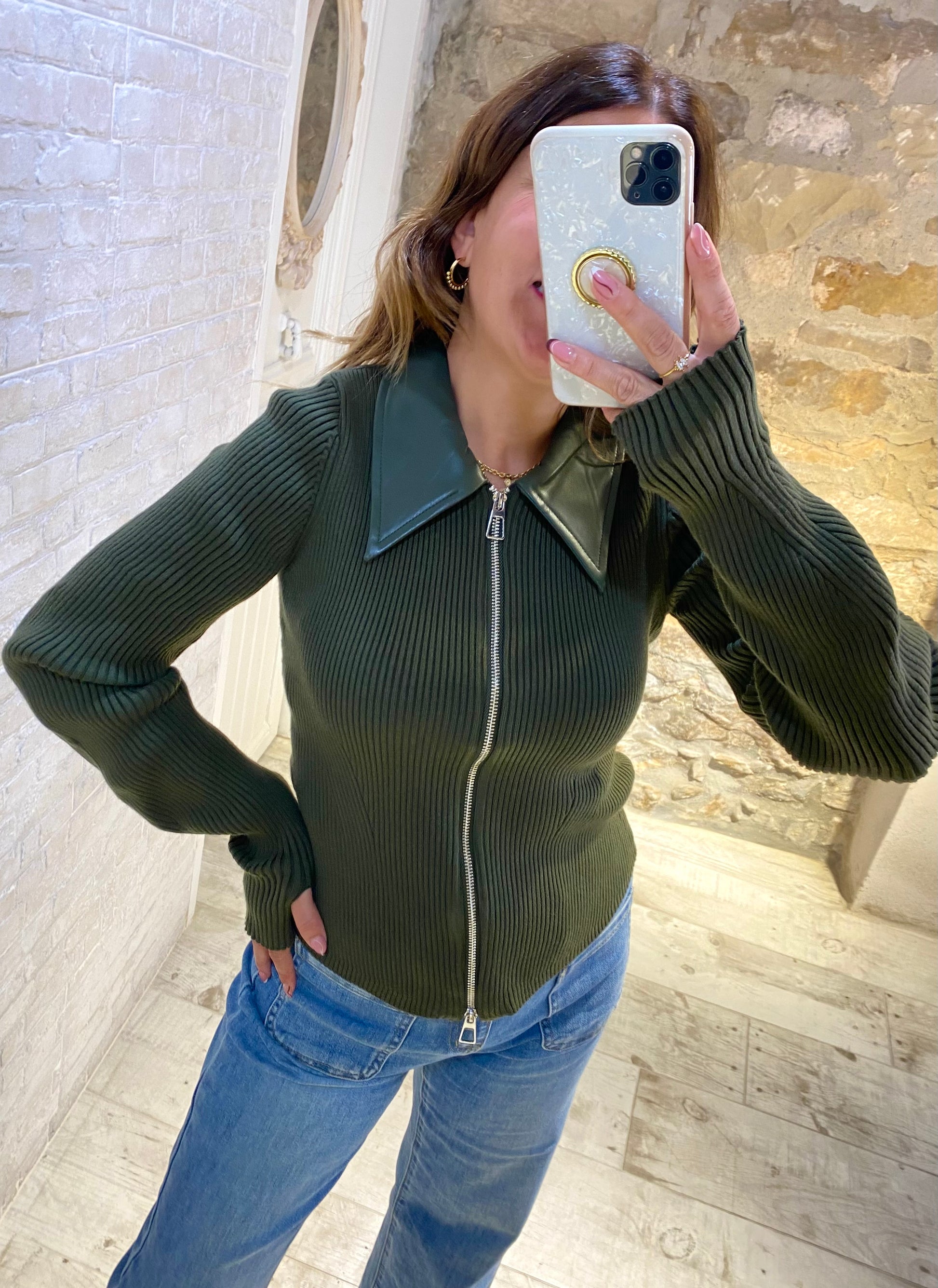 Jersey Verde Botella con cremallera cuello polipiel - Veronique