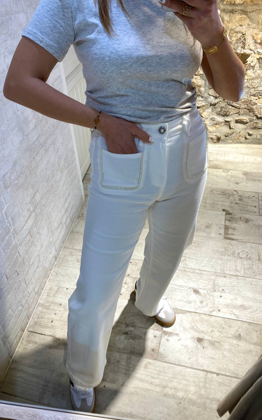 Pantalón Blanco Bolsillos cuadrado Perlas - Veronique