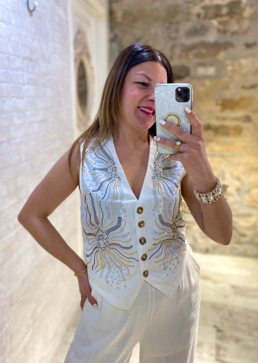 Conjunto Chaleco Pedrería Blanco (código 1083) - Veronique