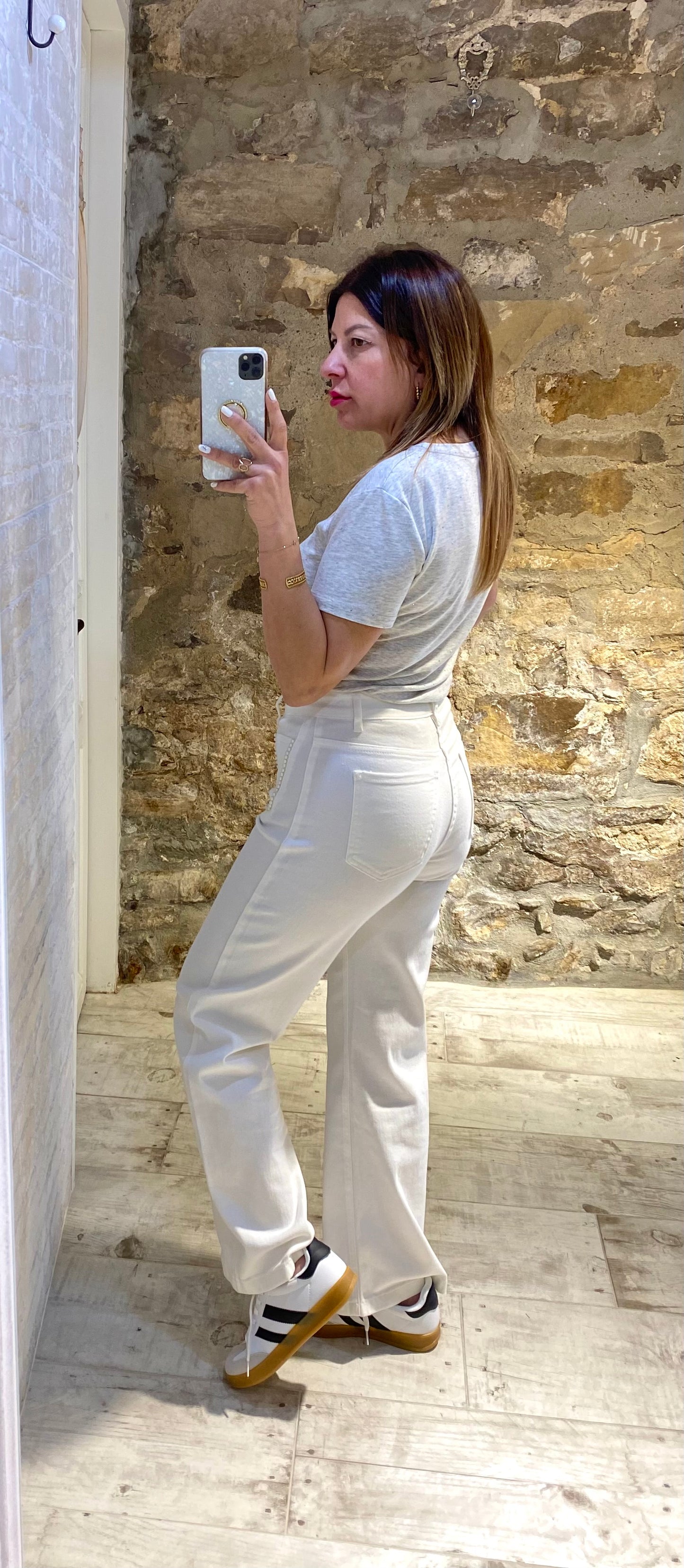 Pantalón Blanco Bolsillos cuadrado Perlas - Veronique