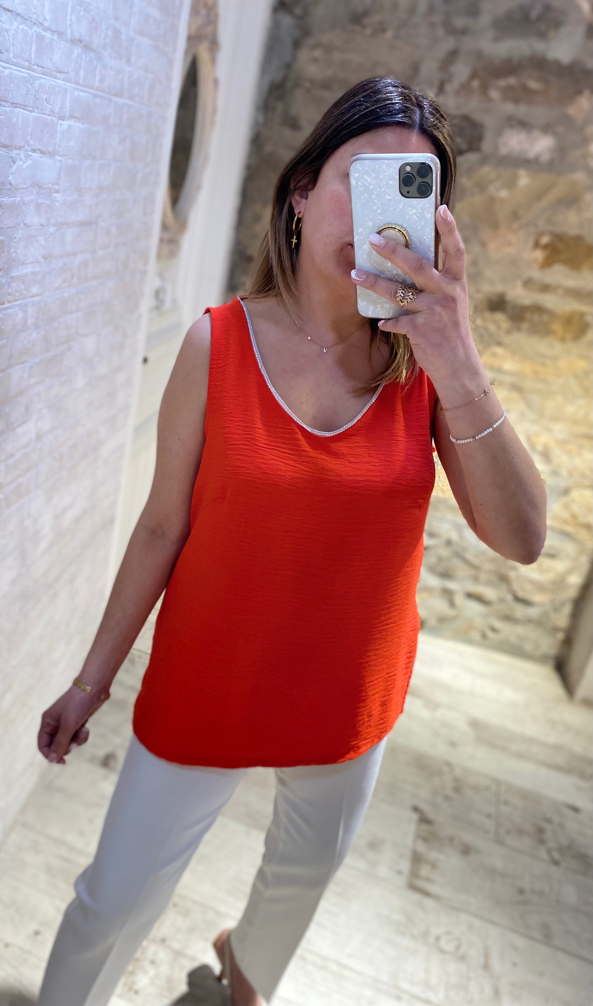 Blusa Collar Perlitas V Naranja - Veronique