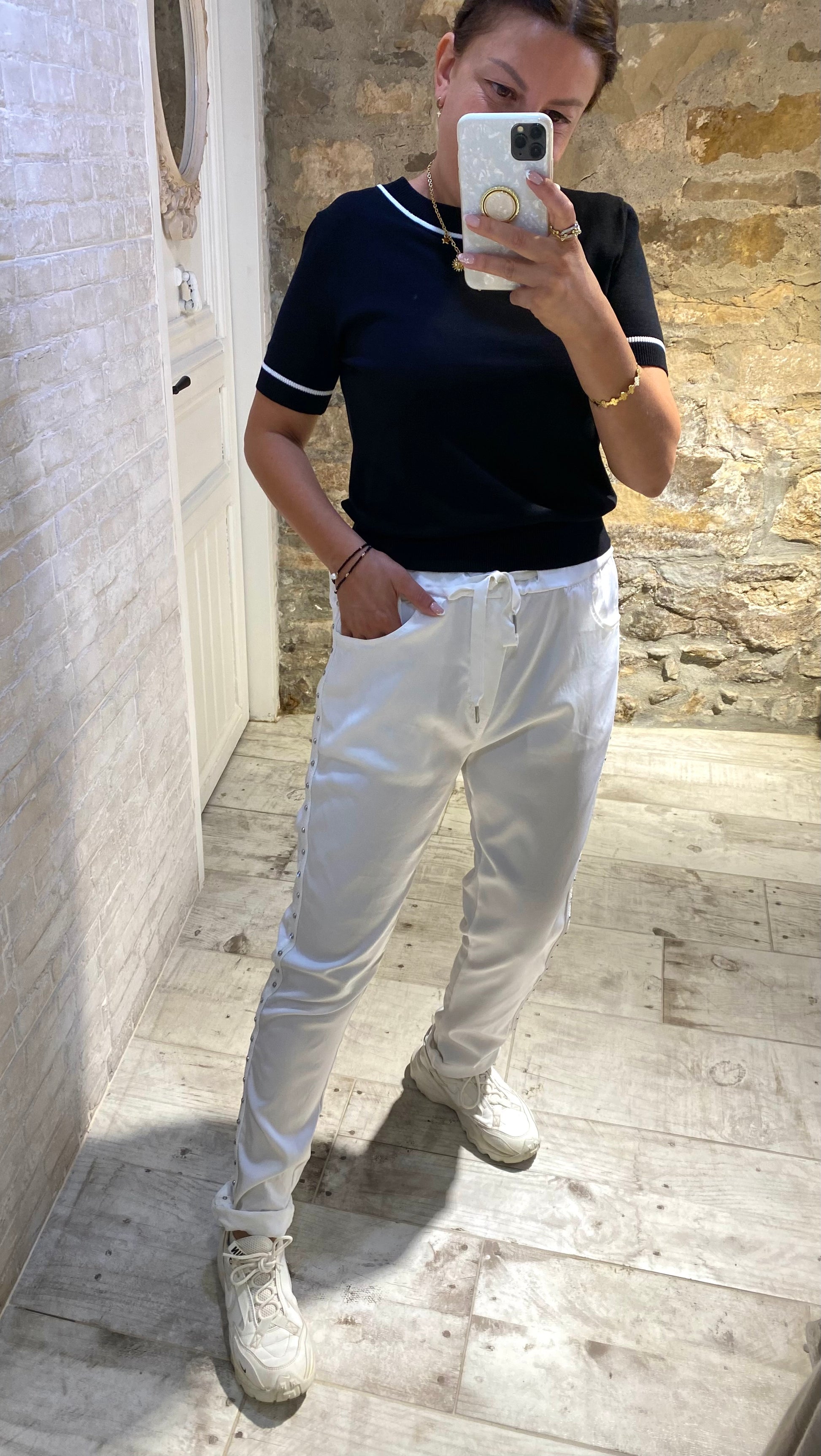 Pantalón Blanco Tachas Lado - Veronique