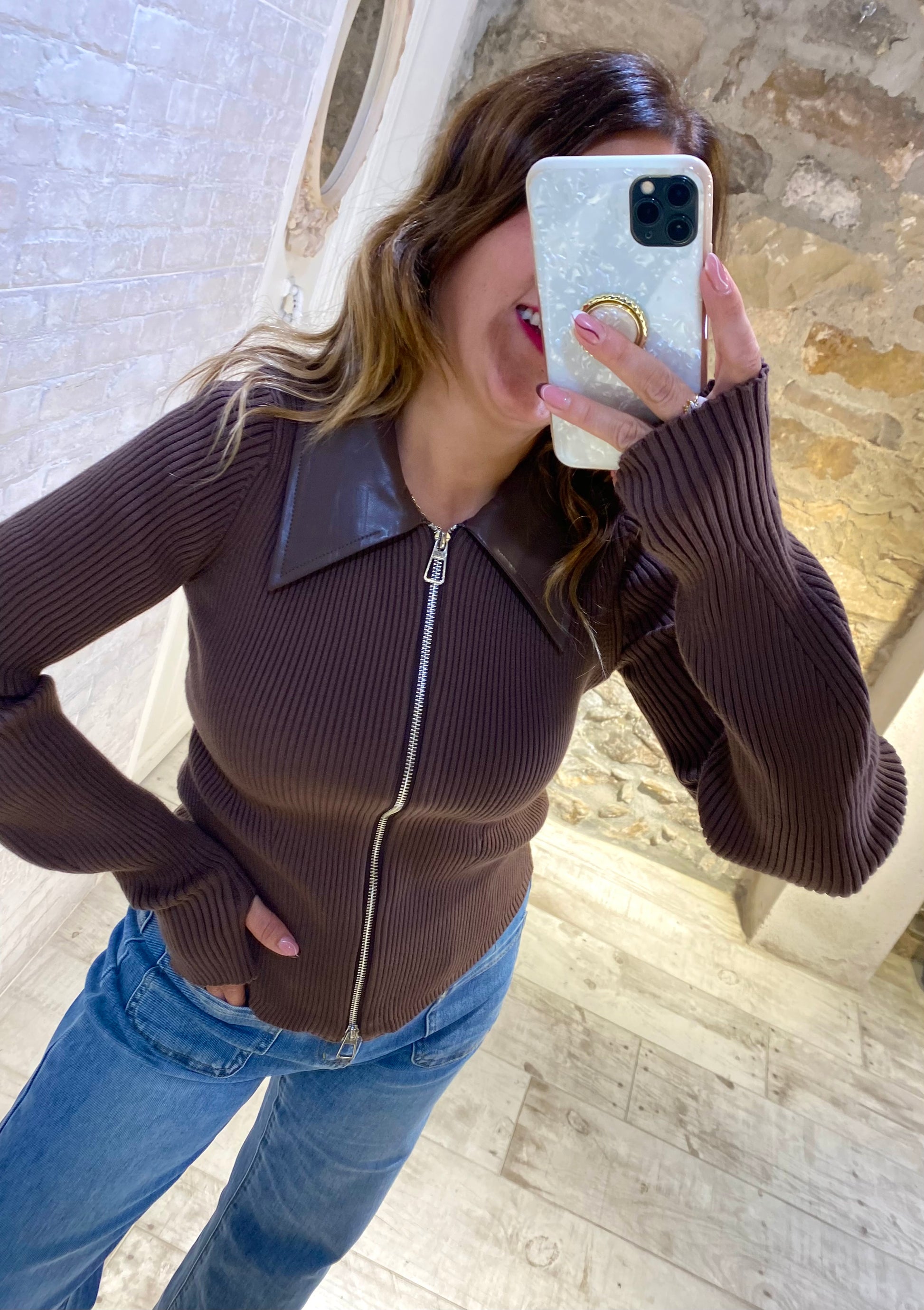 Jersey Chocolate con cremallera cuello polipiel - Veronique