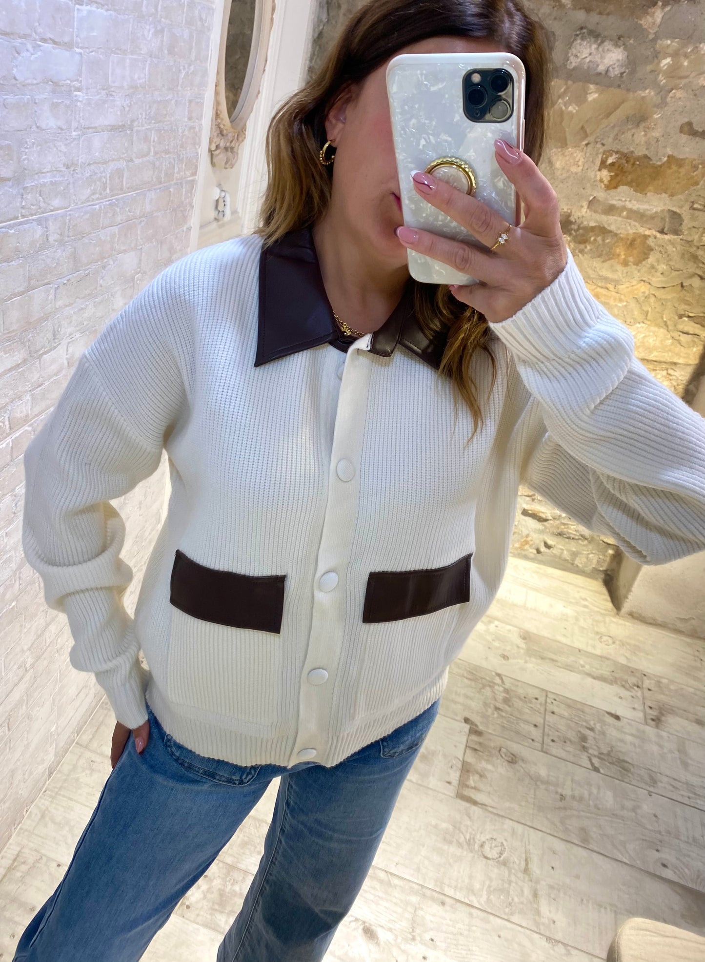 Jersey Blanco estilo chaqueta con cuello polipiel - Veronique