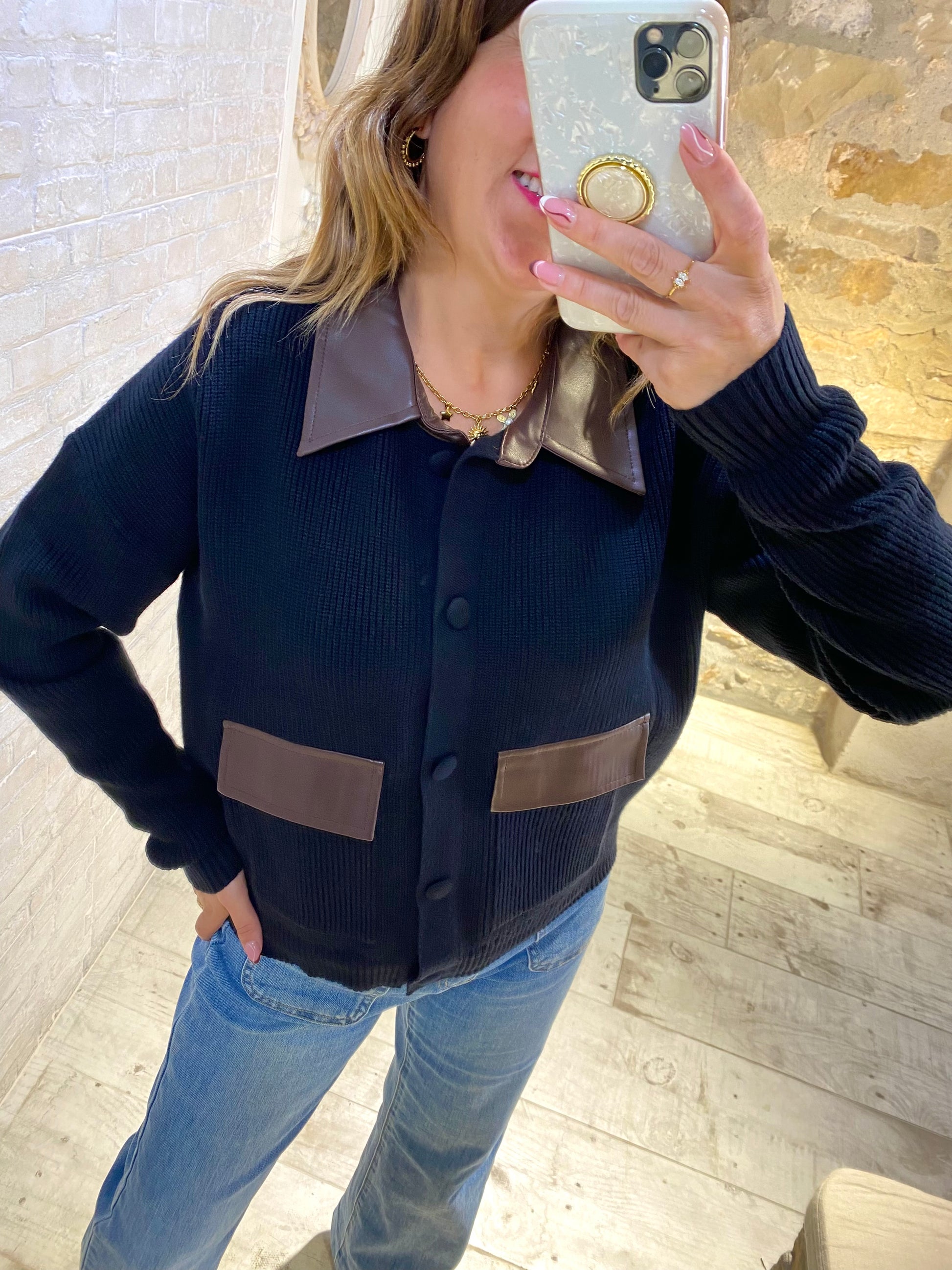 Jersey Negro estilo chaqueta con cuello polipiel - Veronique