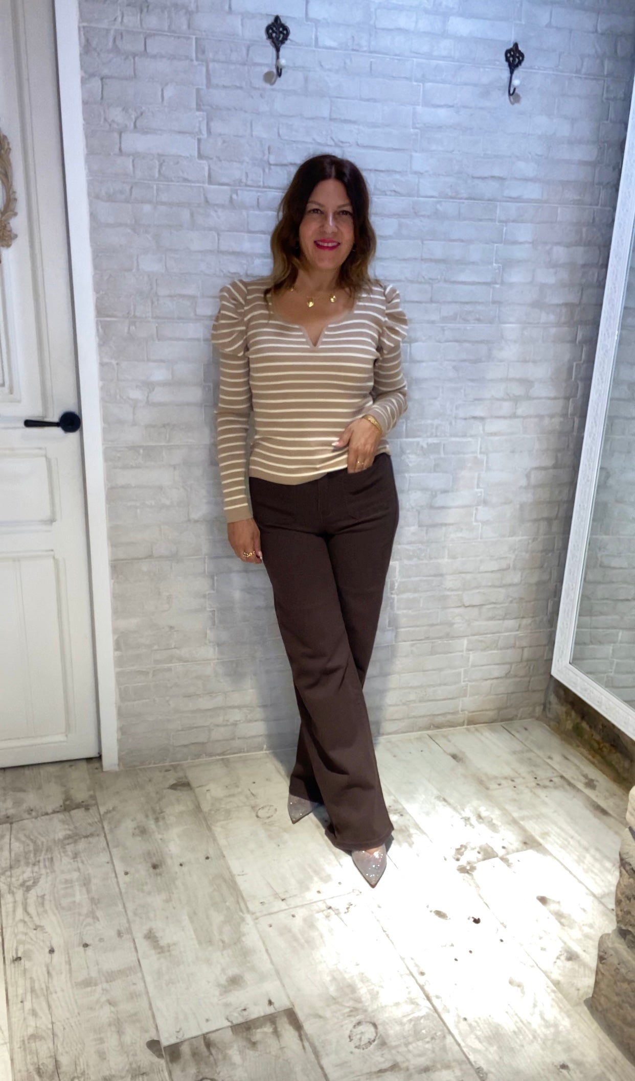 Jersey de Rayas Beige cuello pico - Veronique