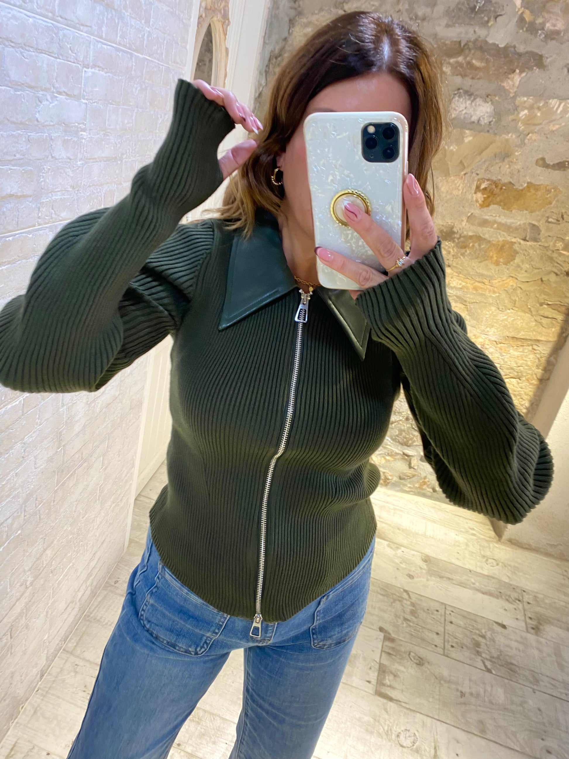 Jersey Verde Botella con cremallera cuello polipiel - Veronique