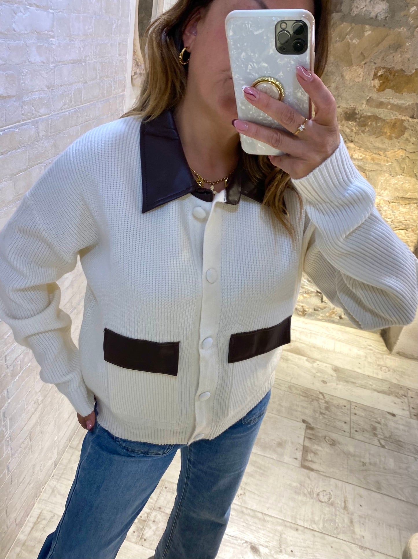 Jersey Blanco estilo chaqueta con cuello polipiel - Veronique