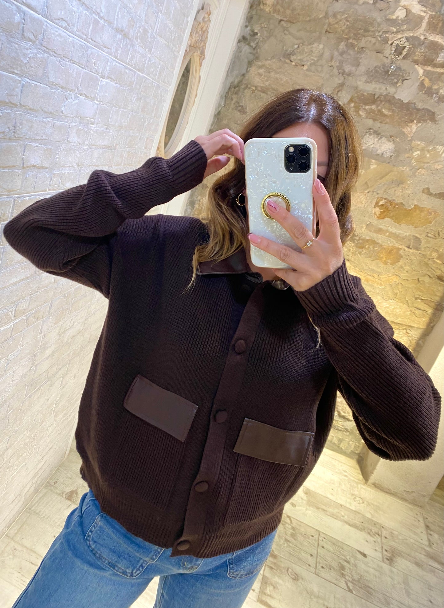 Jersey Chocolate estilo chaqueta con cuello polipiel - Veronique