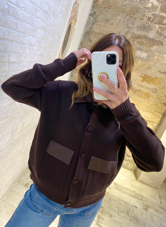 Jersey Chocolate estilo chaqueta con cuello polipiel - Veronique