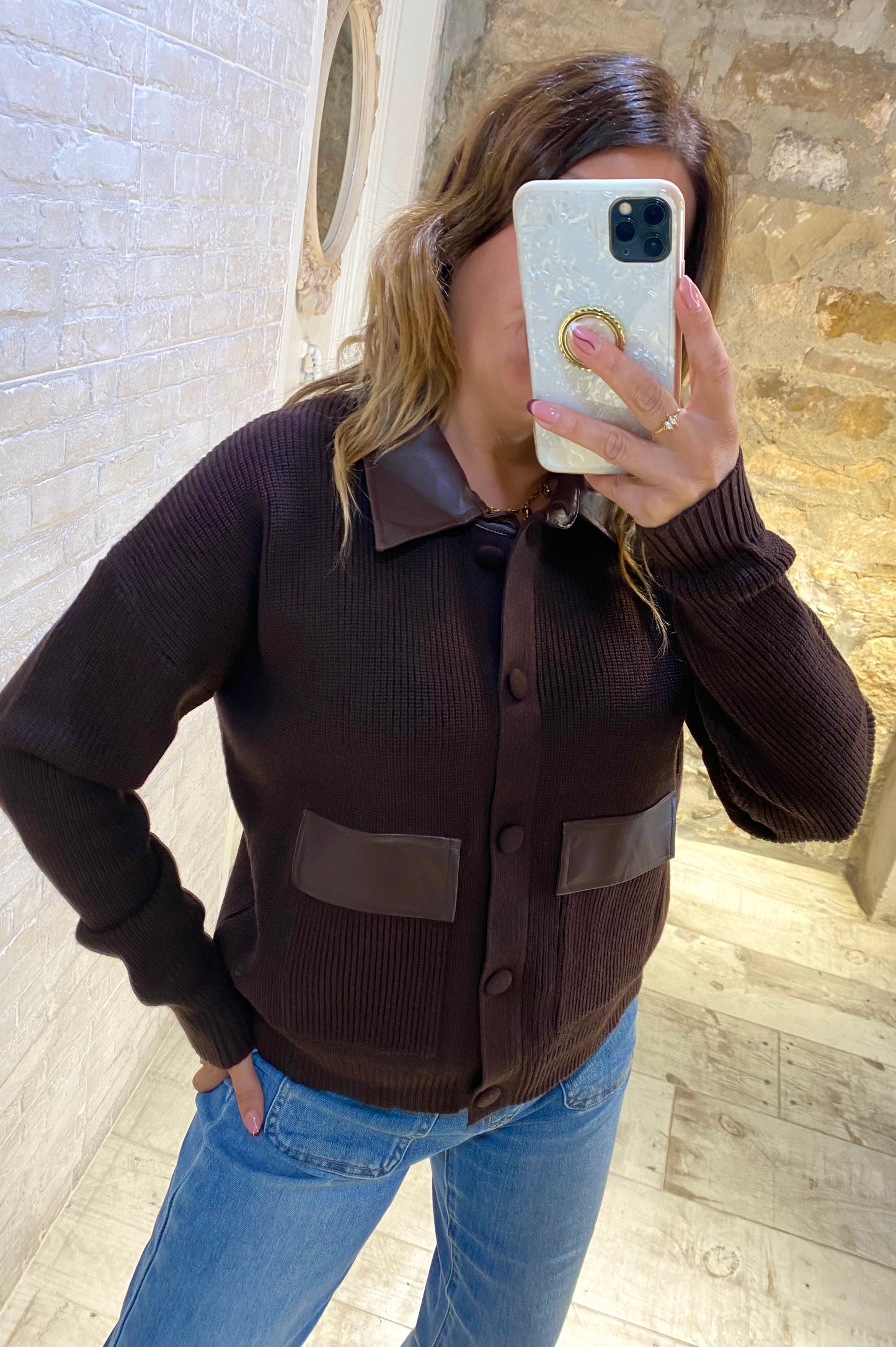 Jersey Chocolate estilo chaqueta con cuello polipiel - Veronique