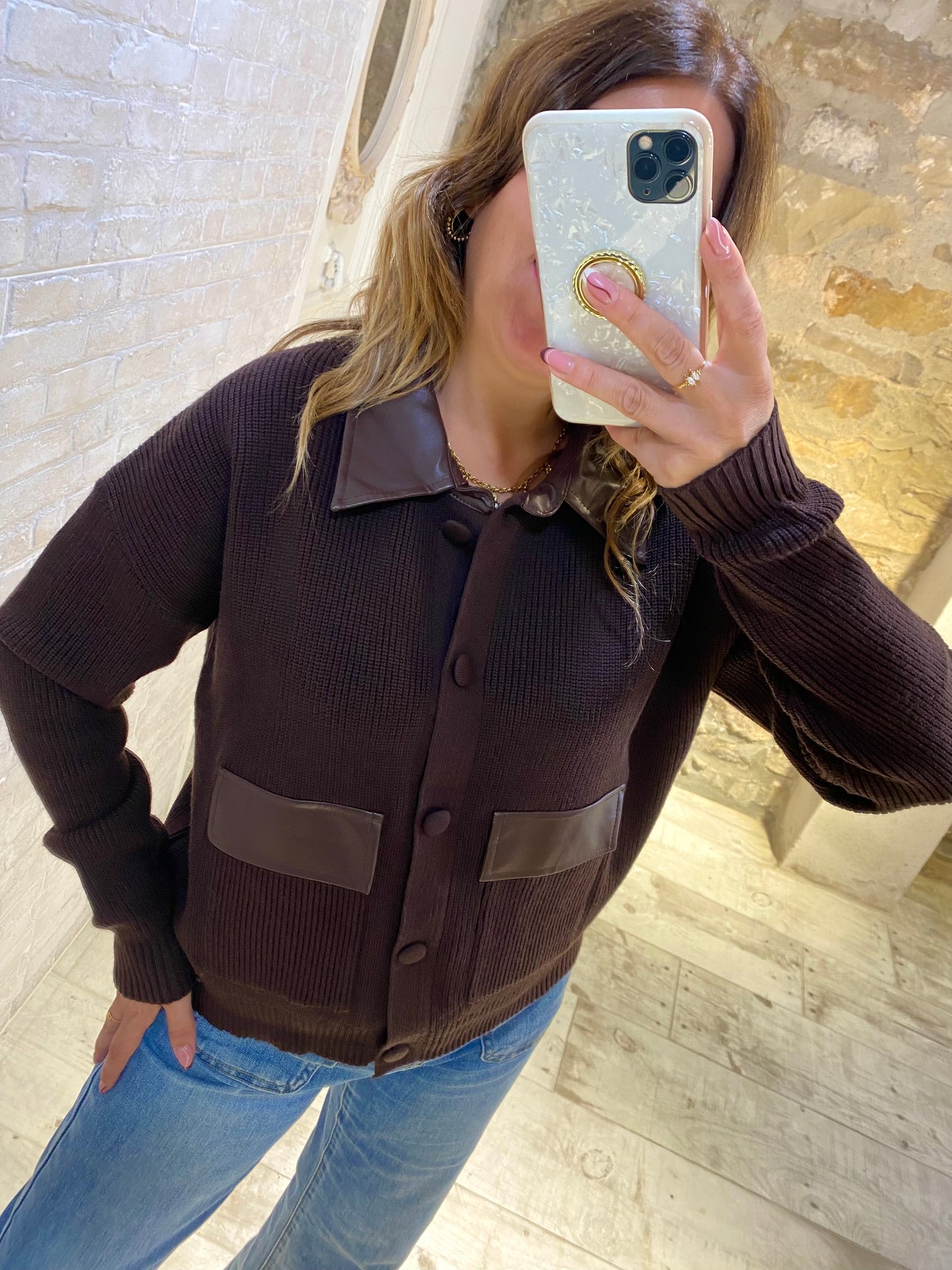 Jersey Chocolate estilo chaqueta con cuello polipiel - Veronique