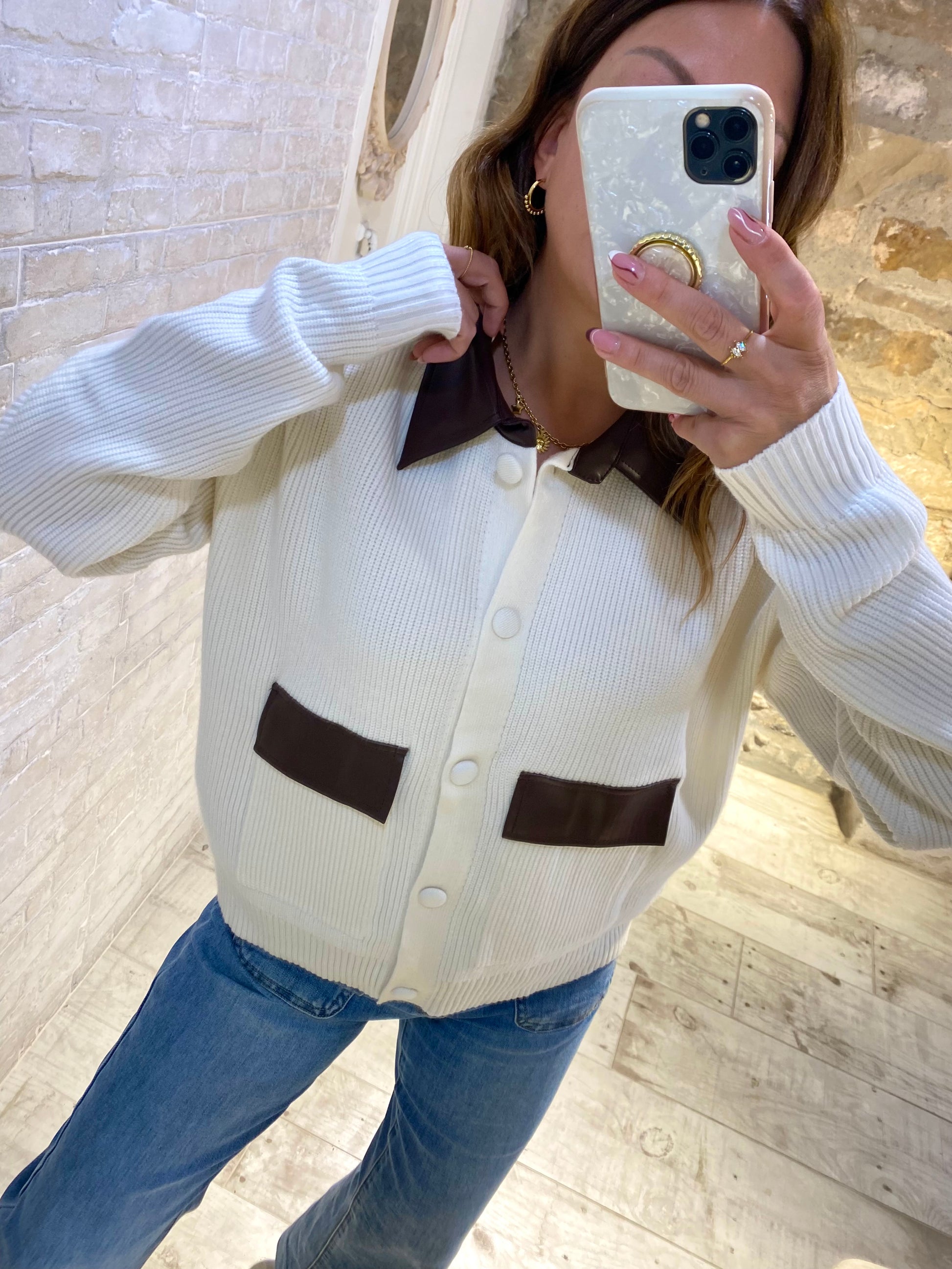 Jersey Blanco estilo chaqueta con cuello polipiel - Veronique