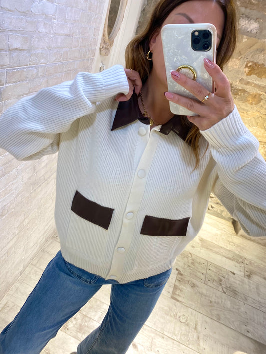 Jersey Blanco estilo chaqueta con cuello polipiel - Veronique