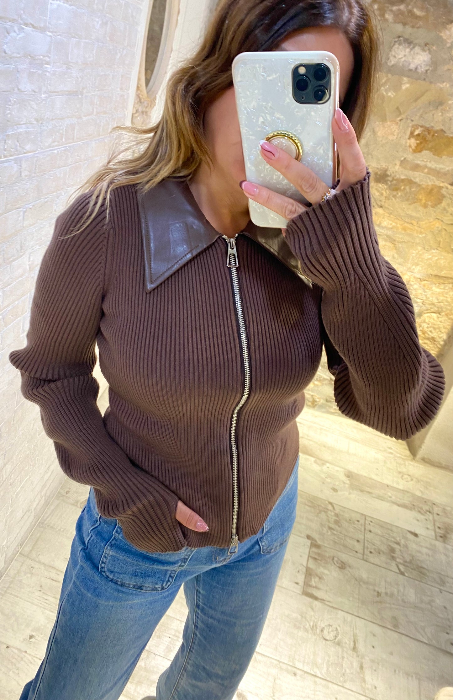 Jersey Chocolate con cremallera cuello polipiel - Veronique